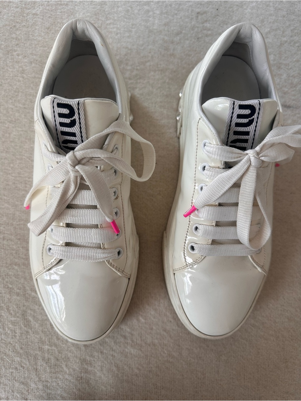 Miu Miu White Patent Leather Sneakers with Pink Lace Tips